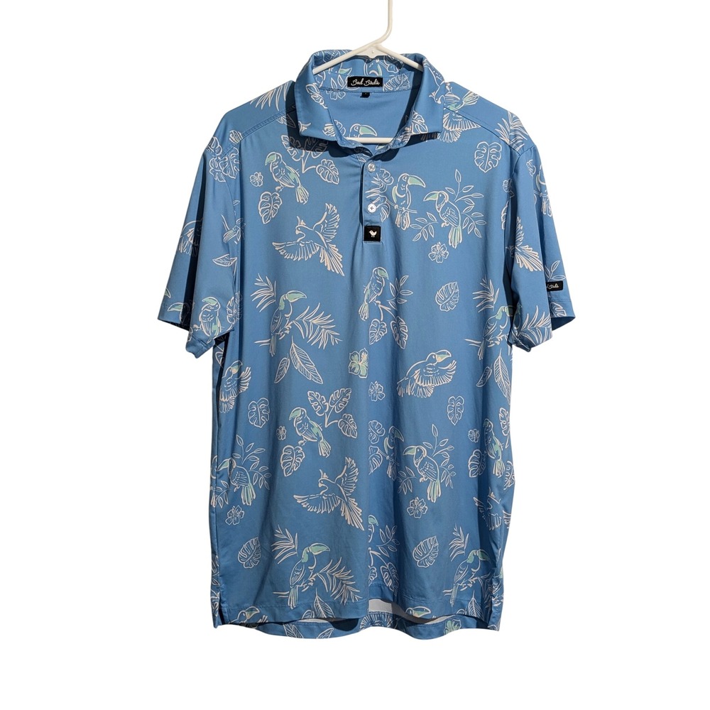 Bad Birdie Golf Polo Mens L Blue Tropical Toucan Parrot Performance Shirt